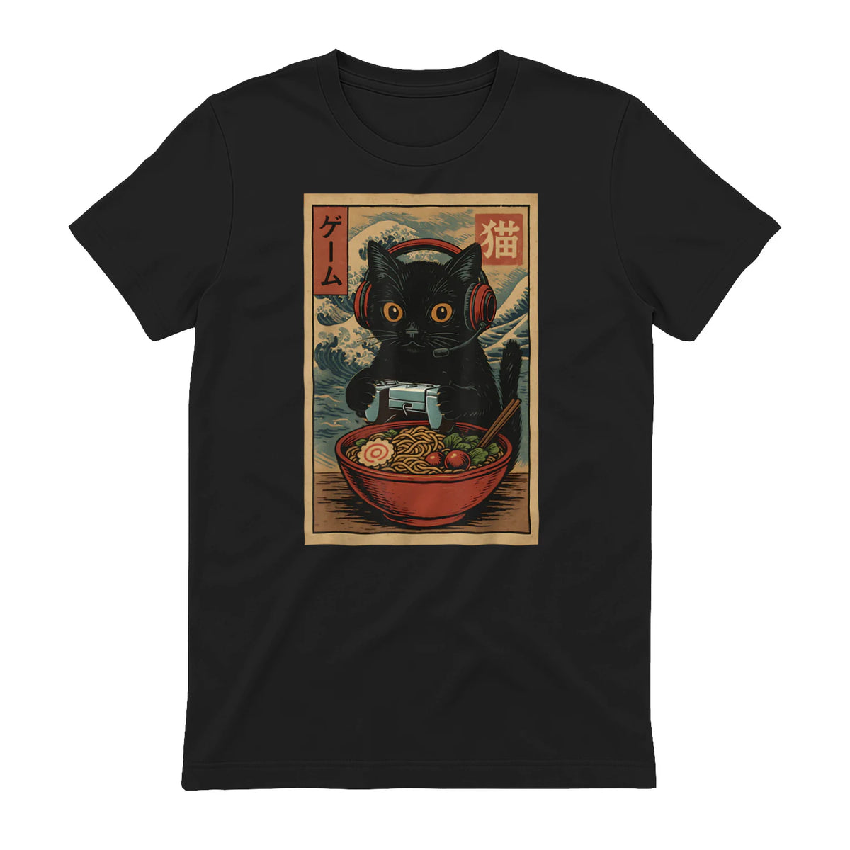 Cute Kawaii Gamer Cat Funny Ramen Retro Japanese Cat Gaming T-Shirt in Black - back view