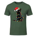 Santa Black Cat Tangled Up In Christmas Tree Lights Holiday in Military Green - front view