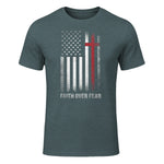 Christian US USA Flag American Christ Faith Over Fear Cross T-Shirt in Dark Heather - front view
