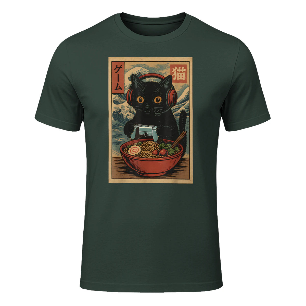 Cute Kawaii Gamer Cat Funny Ramen Retro Japanese Cat Gaming T-Shirt in Forest Green - front view