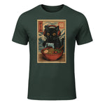 Cute Kawaii Gamer Cat Funny Ramen Retro Japanese Cat Gaming T-Shirt in Forest Green - front view