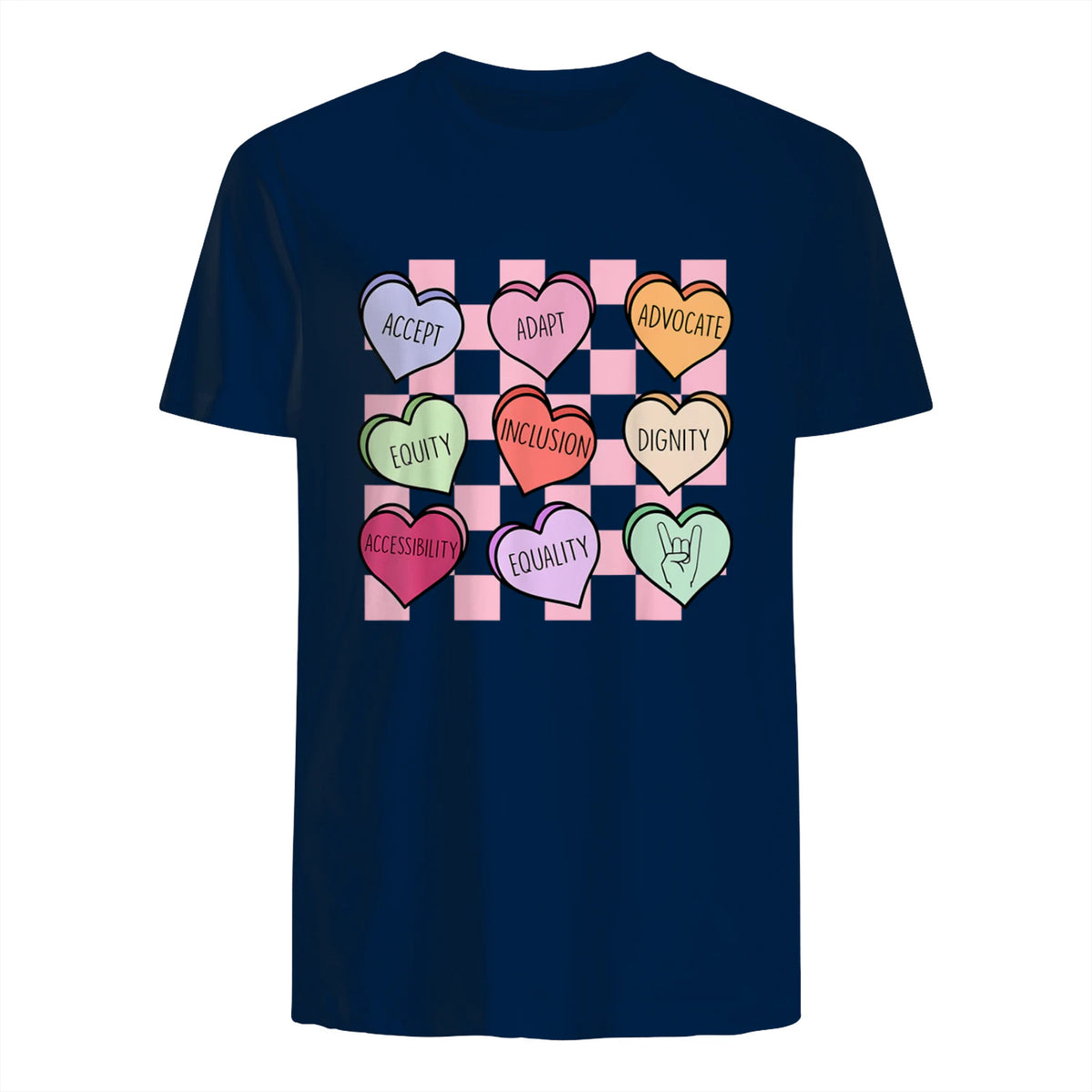 Special Education Teacher Candy Heart Valentines Day Love T-Shirt in Navy - back view