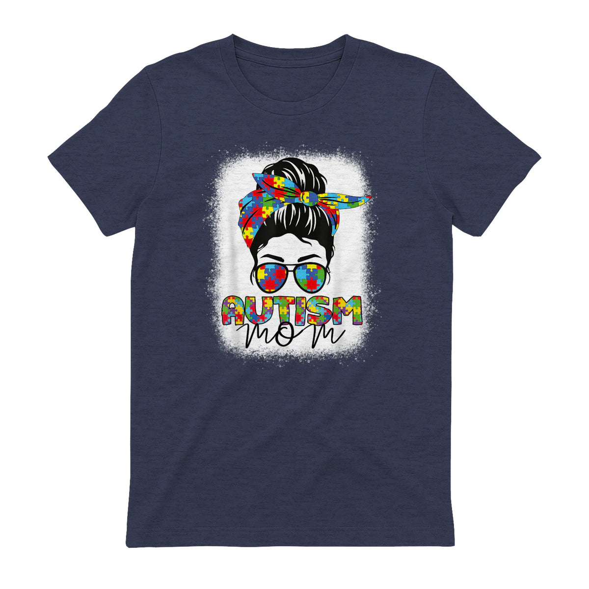 Autism Mom Life Messy Bun T-Shirt in Heather Navy - back view