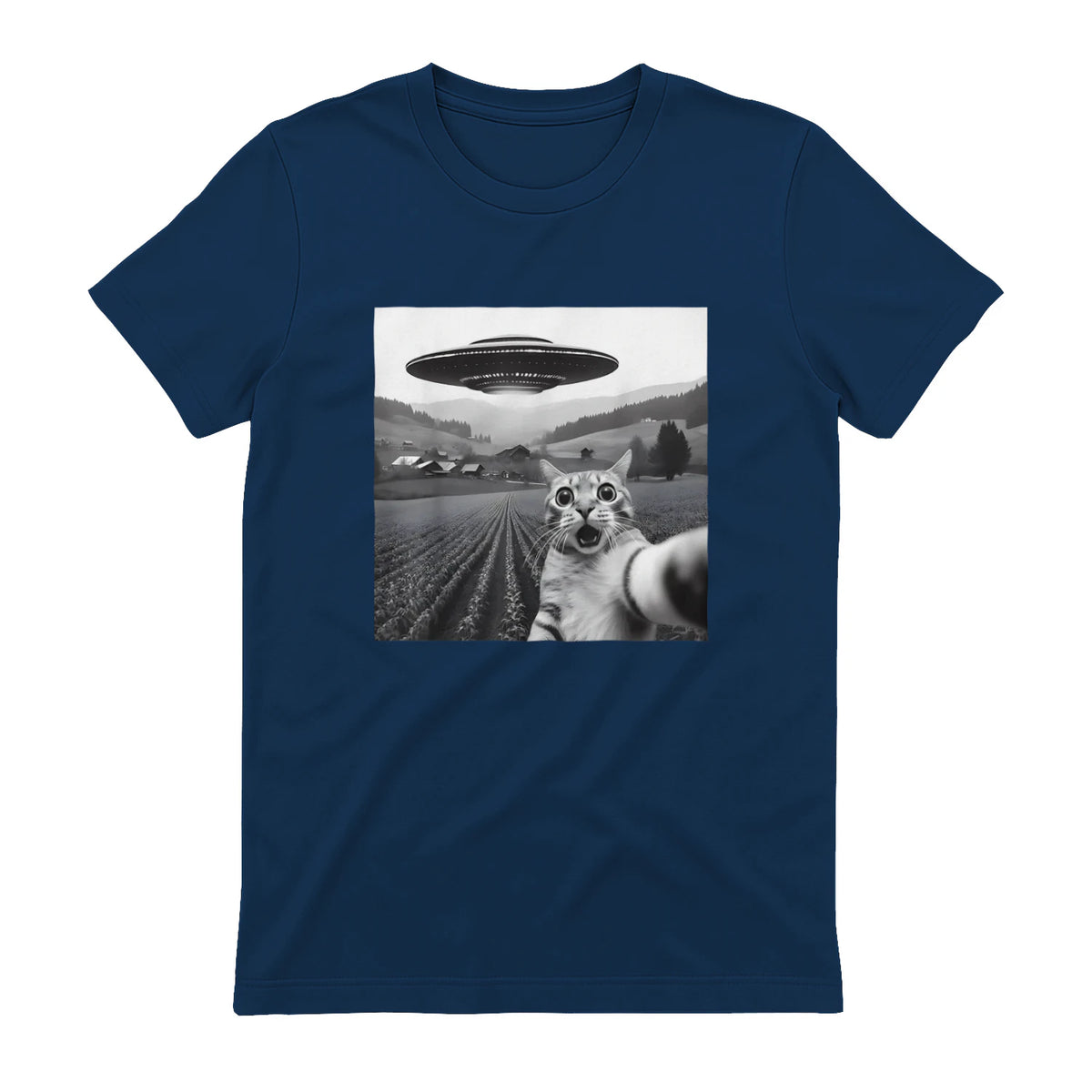 Cat Selfie With Alien UFO Funny Cat Gifts For Men Women Kid T-Shirt in Navy - back view