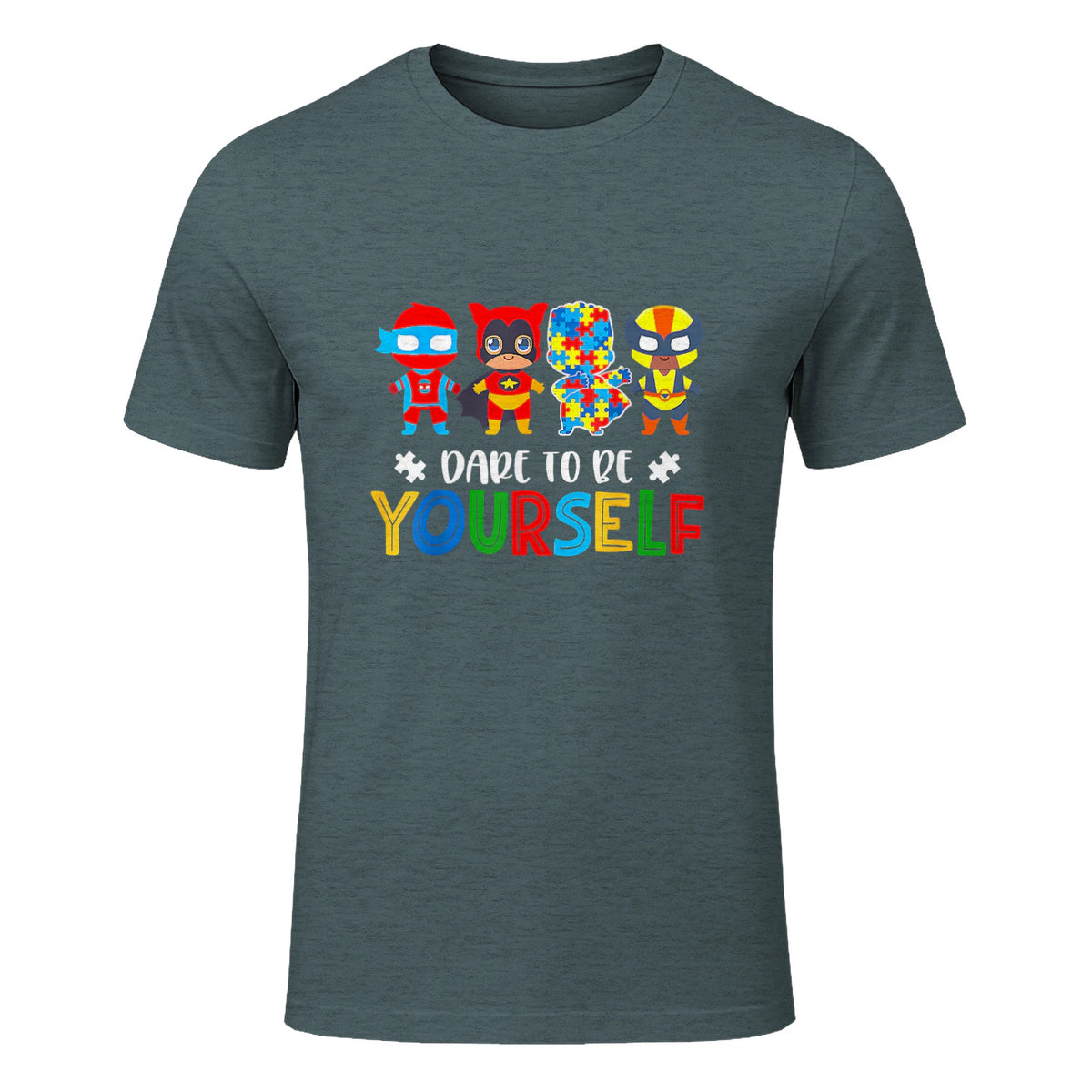 Dare to Be Yourself Autism Awareness Superheroes in Dark Heather - front view