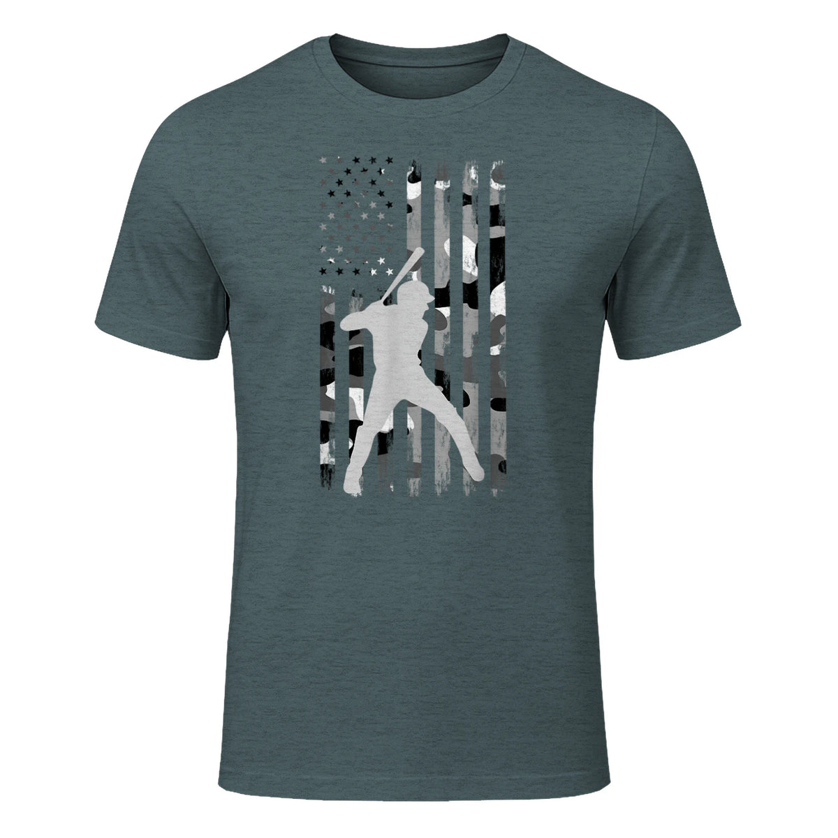 Baseball Player American Flag USA Camo Patriotic Graphic T-Shirt in Dark Heather - front view