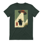 Vintage Japanese Cat Alien Cat Dad UFO Abduction Graphic Tee T-Shirt in Forest Green - back view