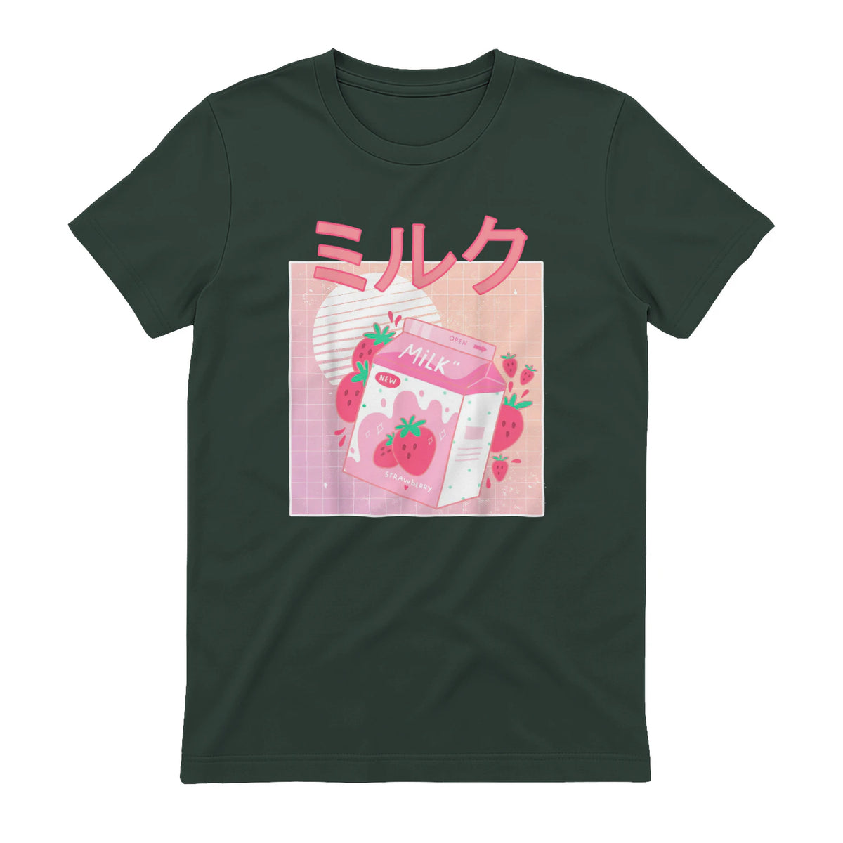 Funny Retro Nineties Japanese Kawaii Strawberry Milk Shake Carton T-Shirt in Forest Green - back view