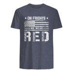 On Friday We Wear Red American Flag Military Supportive T-Shirt in Heather Navy - back view