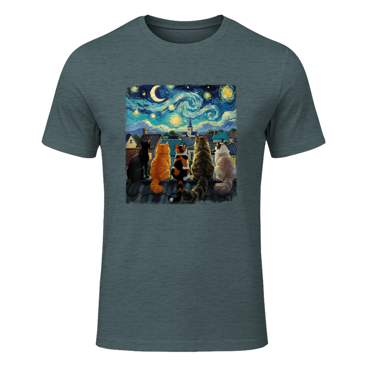 Funny Cat Starry Night Van Gogh Cats Rooftop Scene Feline T-Shirt in Dark Heather - front view