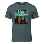 Funny Cat Starry Night Van Gogh Cats Rooftop Scene Feline T-Shirt in Dark Heather - front view