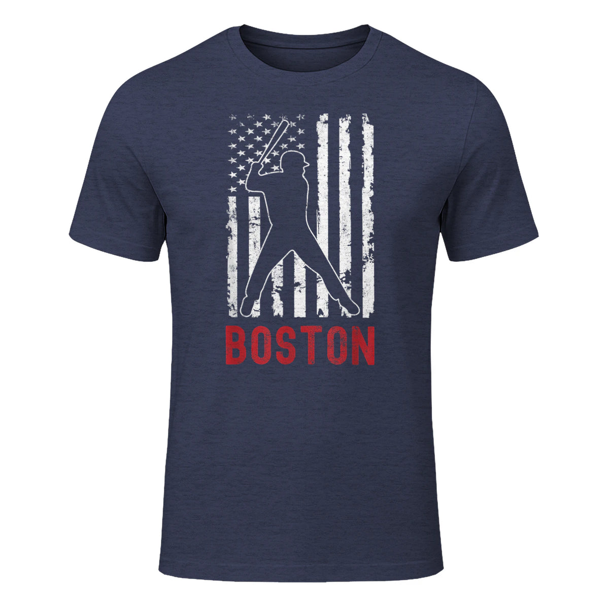 Boston Massachusetts American Flag Baseball Weathered T-Shirt in Heather Navy - front view