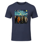 Funny Cat Starry Night Van Gogh Cats Rooftop Scene Feline T-Shirt in Heather Navy - front view