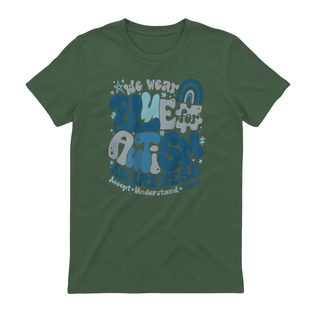 In April We Wear Blue Autism Awareness T-Shirt in Military Green - back view