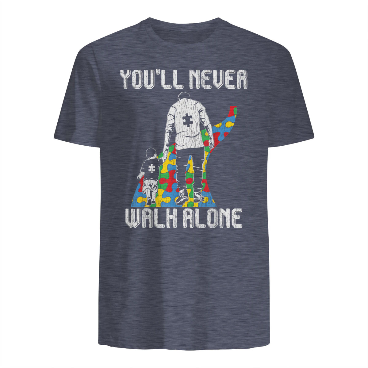 Vintage Father Son Family Autistic Kids Autism Awareness Dad in Heather Navy - back view