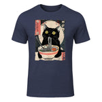 Kawaii Cat Eating Ramen Noodles Funny Anime Gift Girls Teens T-Shirt in Heather Navy - front view