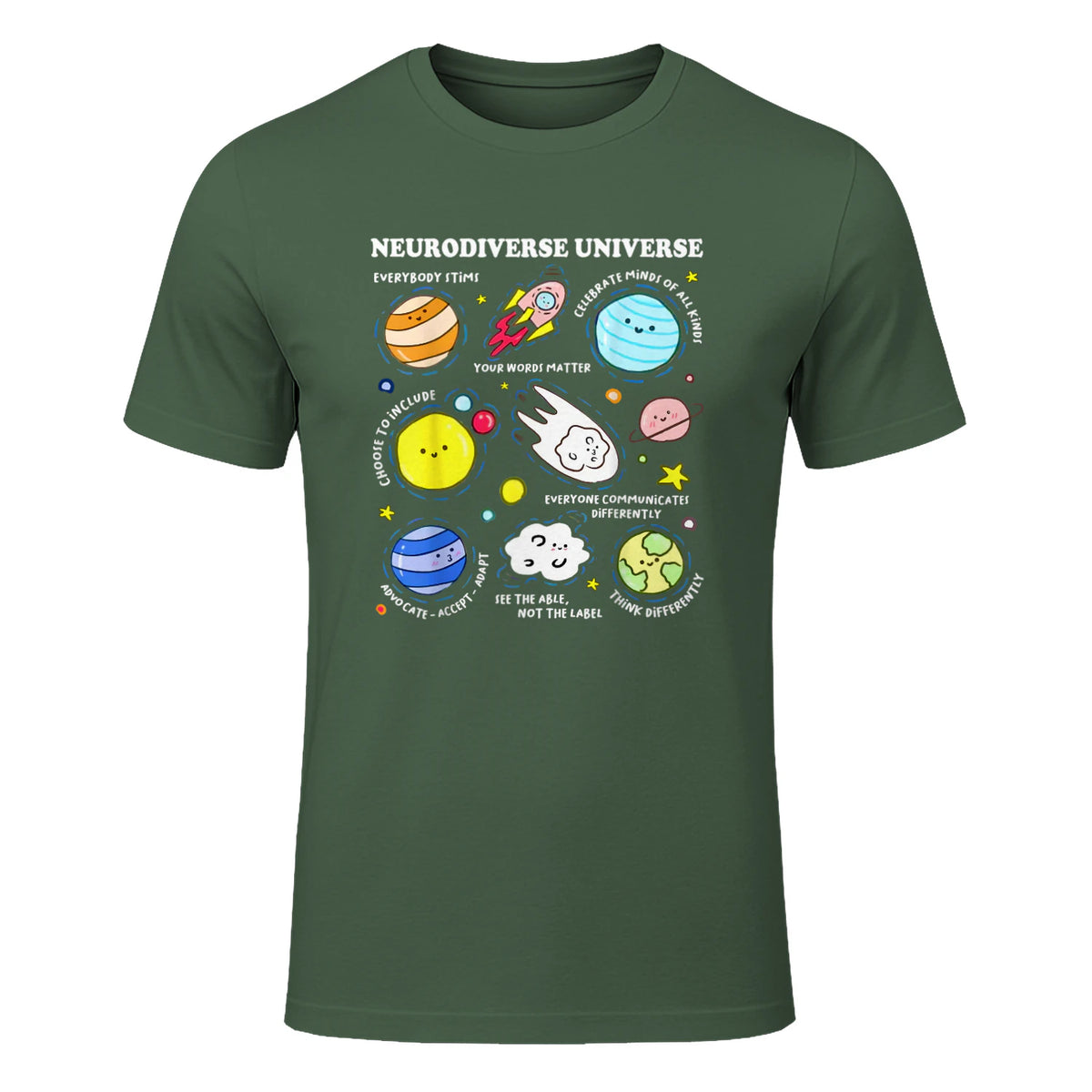 Kids Autism Awareness Neurodiverse Universe Neurodiversity in Military Green - front view