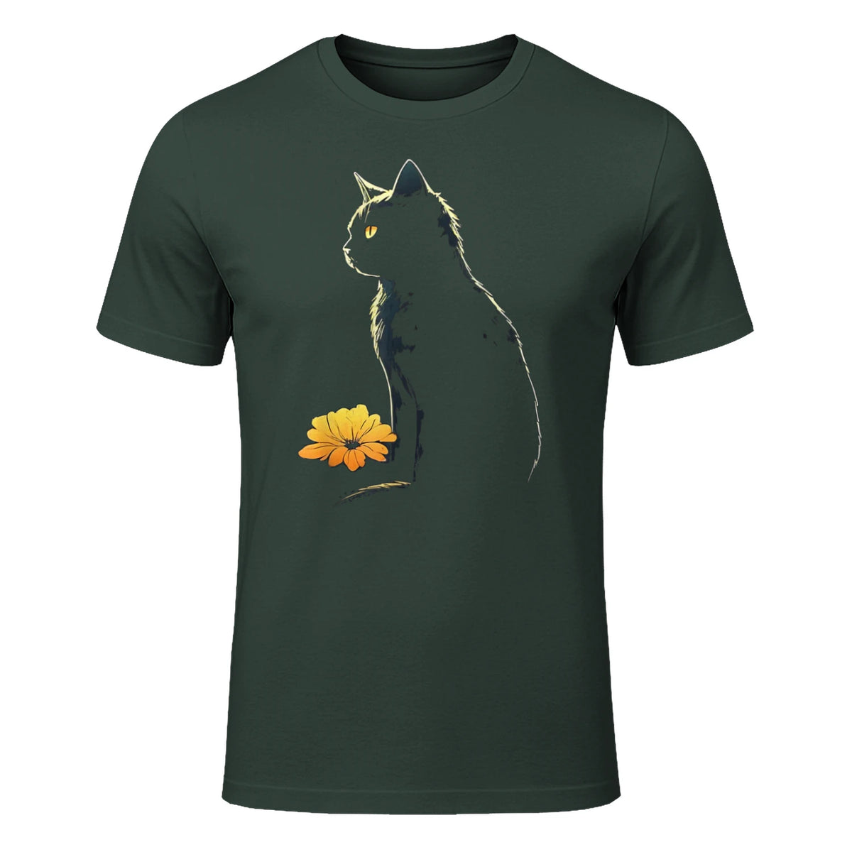 Cat Artwork - Flowers Art Cat Motif Animal Cat T-Shirt in Forest Green - front view