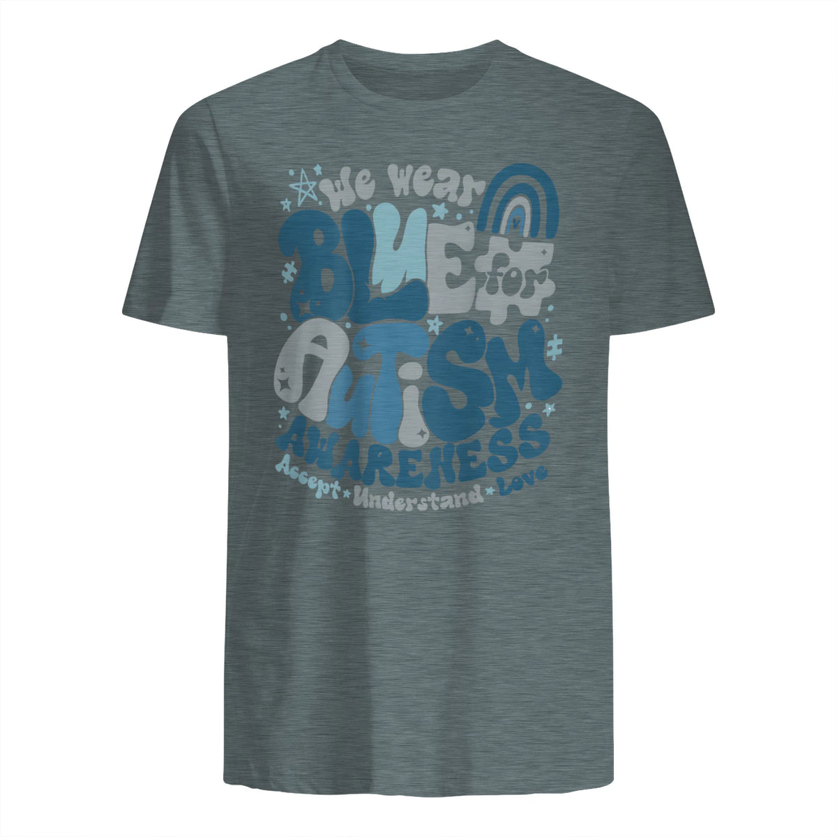 In April We Wear Blue Autism Awareness T-Shirt in Dark Heather - back view