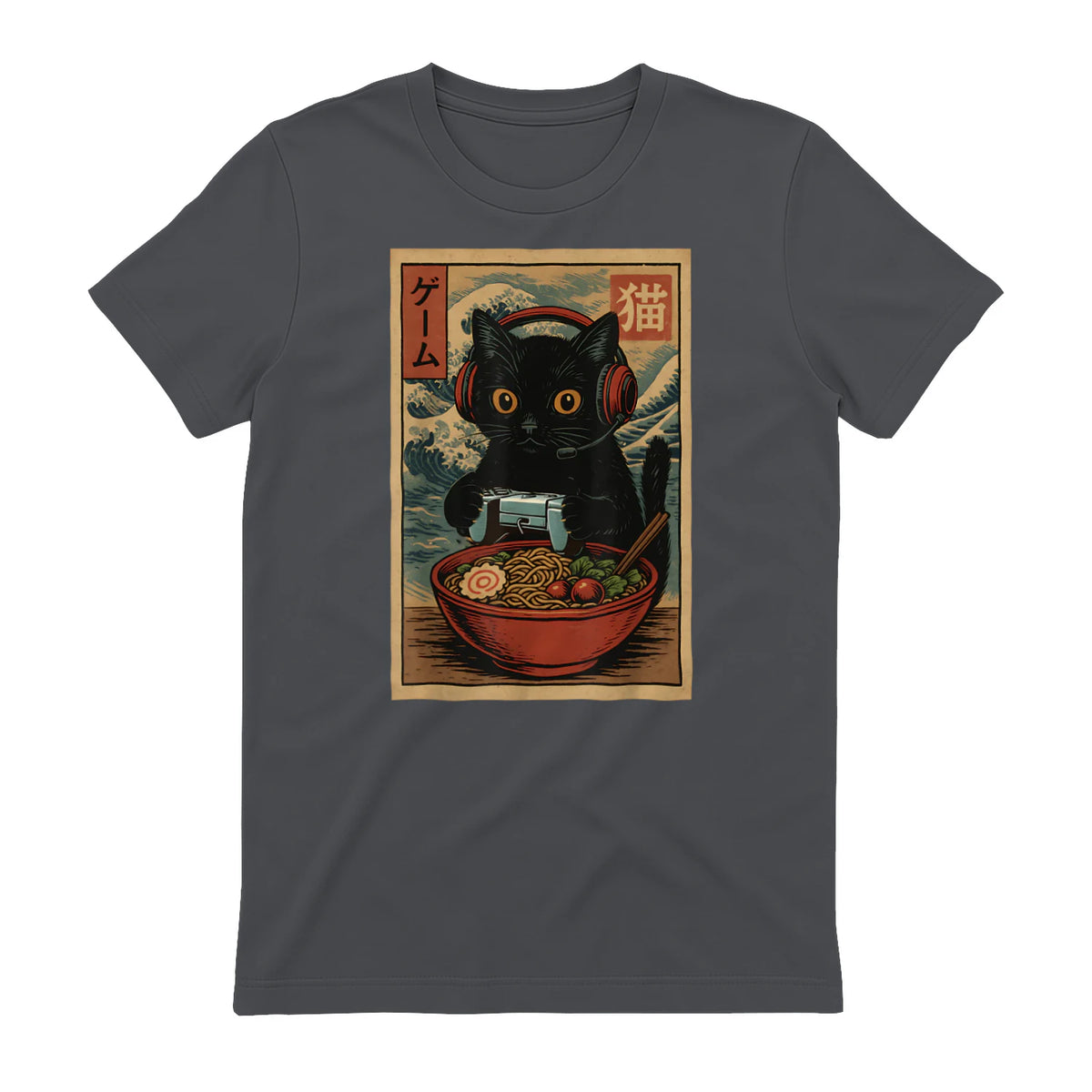 Cute Kawaii Gamer Cat Funny Ramen Retro Japanese Cat Gaming T-Shirt in Charcoal - back view