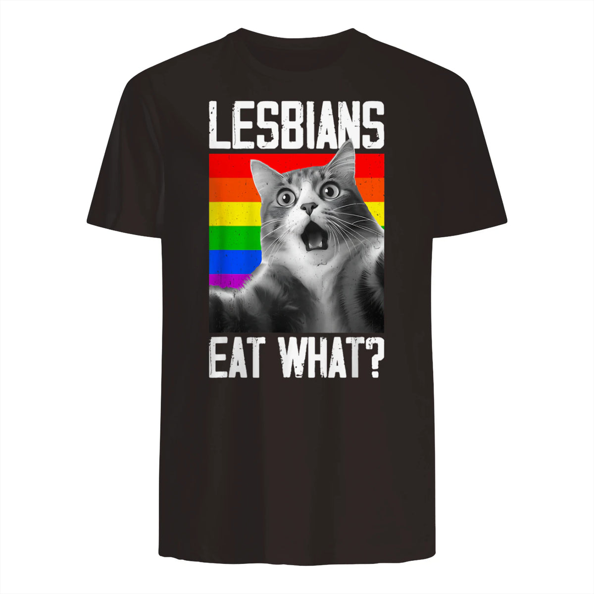Lesbians Eat What? LGBT Lesbian Girlfriend Funny Cat Gift T-Shirt in Dark Chocolate - back view