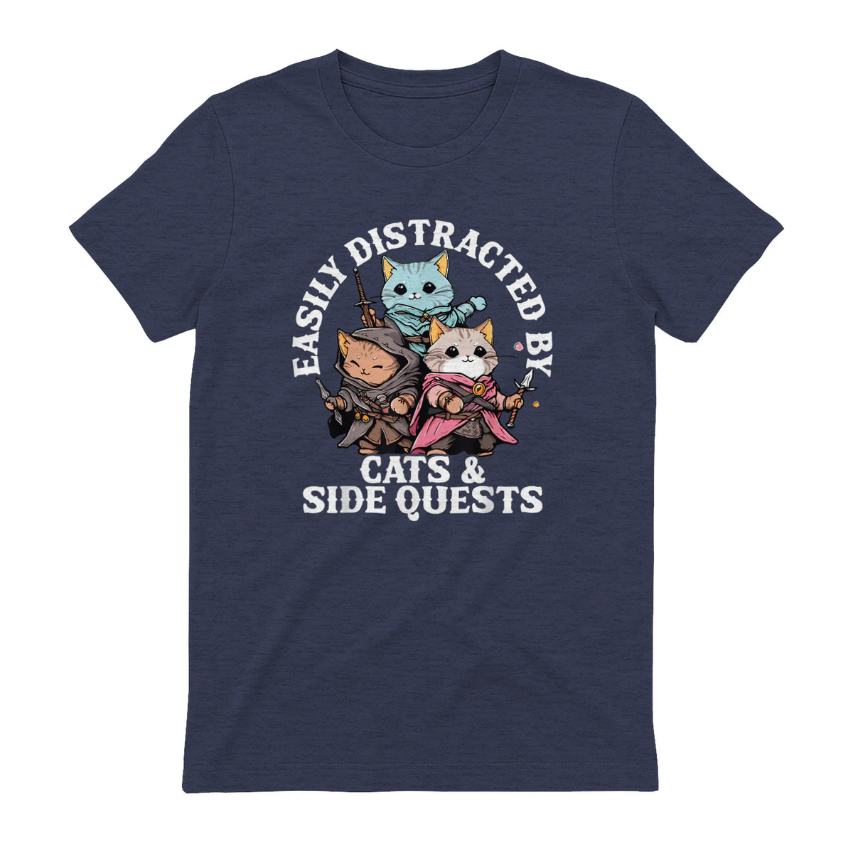 Cats Side Quest Funny Tabletop T-Shirt in Heather Navy - back view