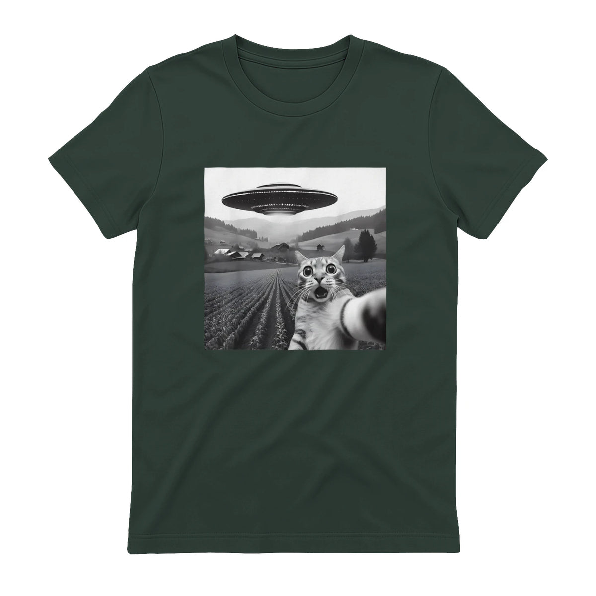 Cat Selfie With Alien UFO Funny Cat Gifts For Men Women Kid T-Shirt in Forest Green - back view