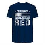 On Friday We Wear Red American Flag Military Supportive T-Shirt in Navy - back view