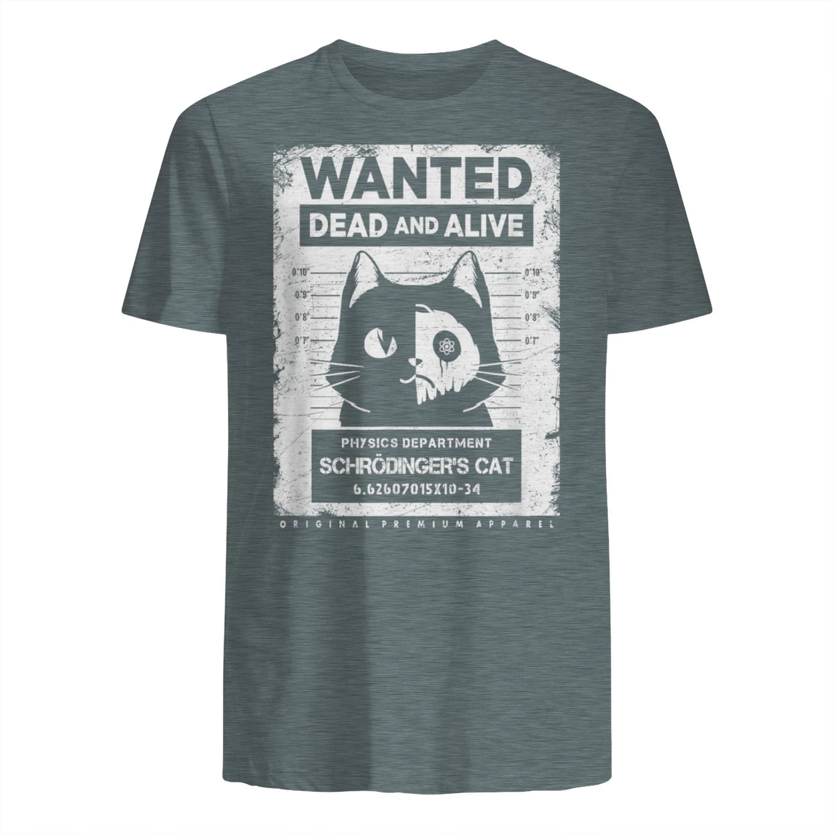 Schrödinger's Cat Wanted Dead And Alive Physics Physicist T-Shirt in Dark Heather - back view