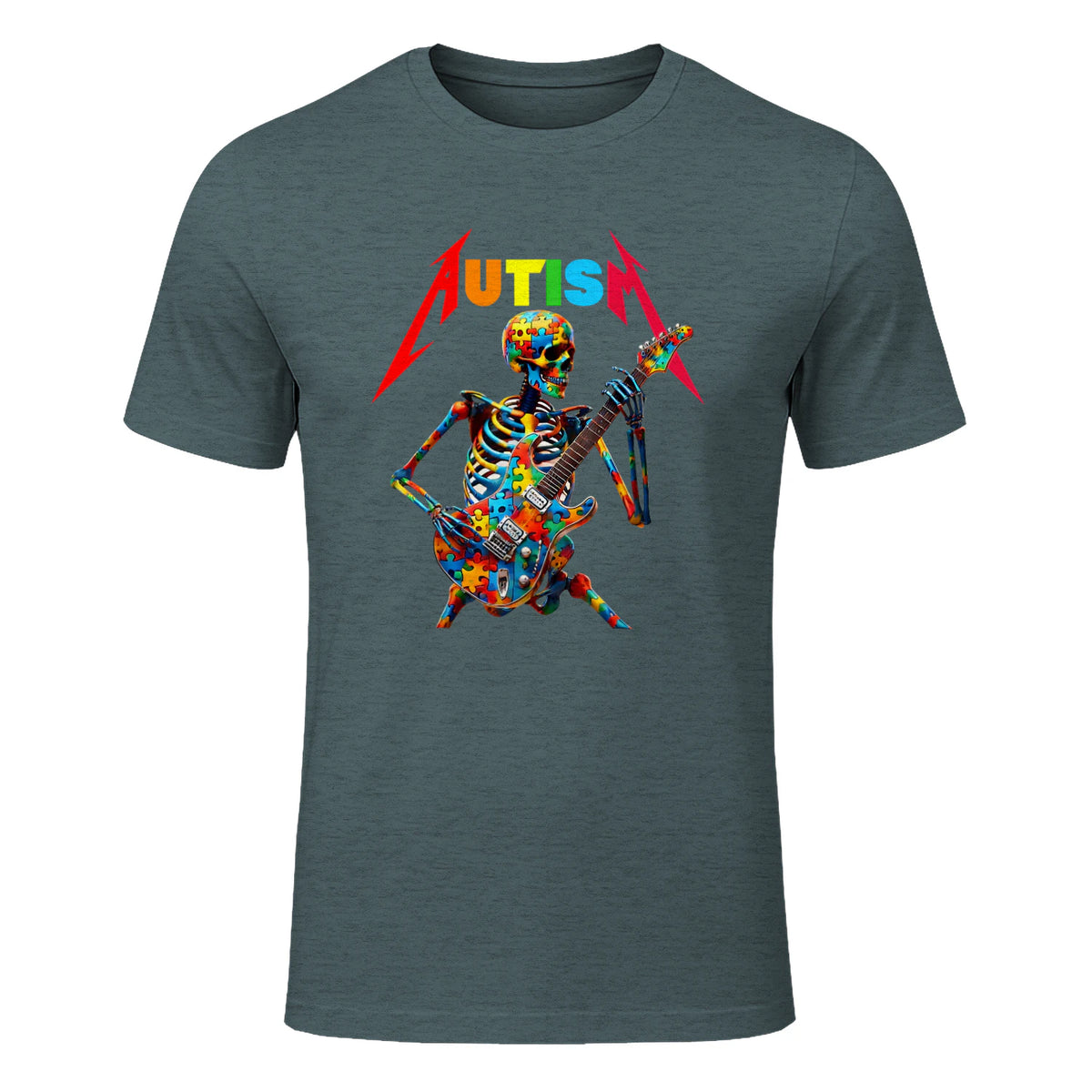 Autism Skeleton Guitar Player Rock Music Autism Awareness in Dark Heather - front view
