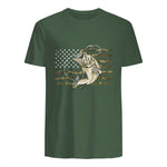 Fishing Camouflage US American Flag Bass Fish Fisherman Camo T-Shirt in Military Green - back view