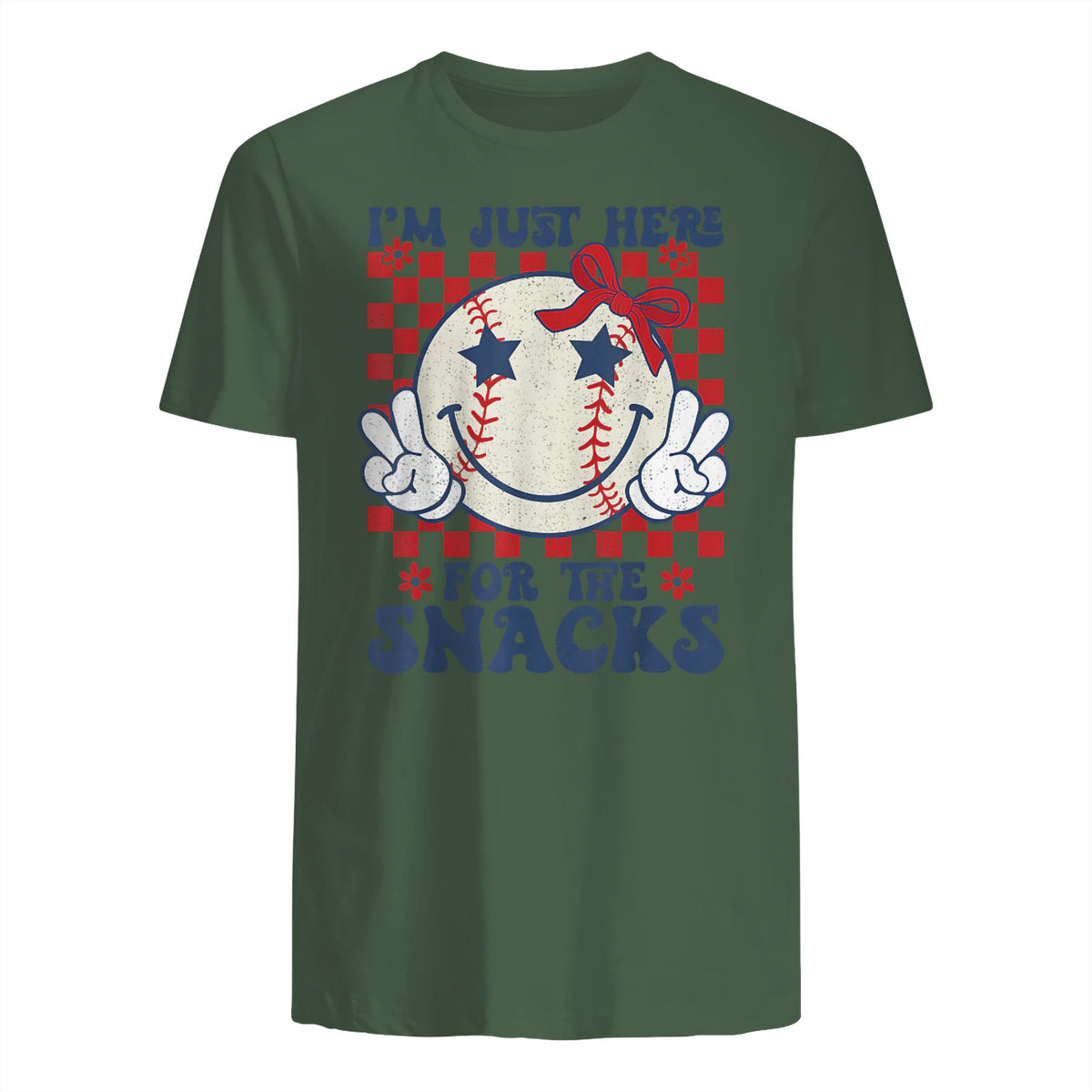 Retro Baseball Sister I'm Just Here for The Snacks Girls Mom T-Shirt in Military Green - back view