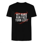 Hit Hard Run Fast Turn Left Funny Baseball Player & Fan T-Shirt in Black - back view