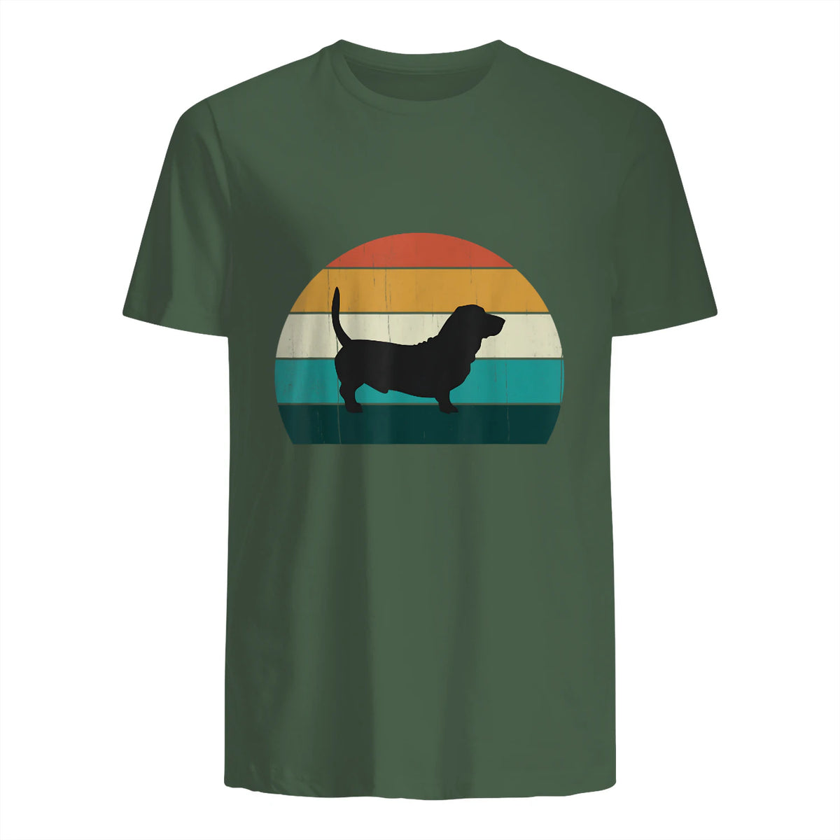 Basset Hound rétro Amant Vintage Sunset Dog & Puppy in Military Green - back view