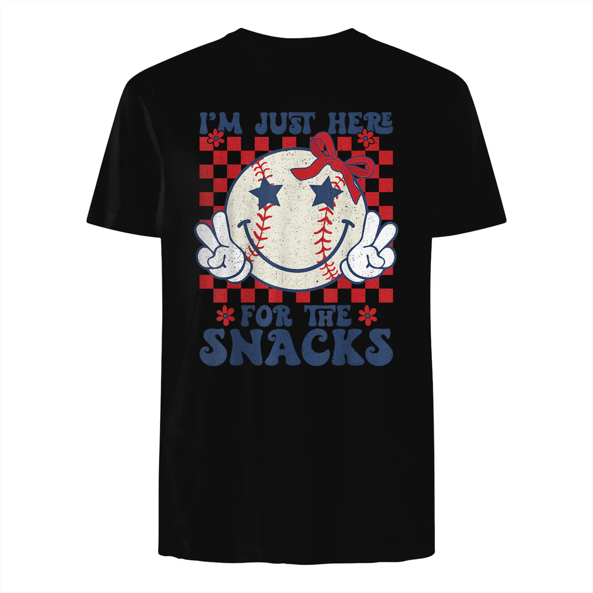 Retro Baseball Sister I'm Just Here for The Snacks Girls Mom T-Shirt in Black - back view