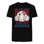 Retro Baseball Sister I'm Just Here for The Snacks Girls Mom T-Shirt in Black - back view