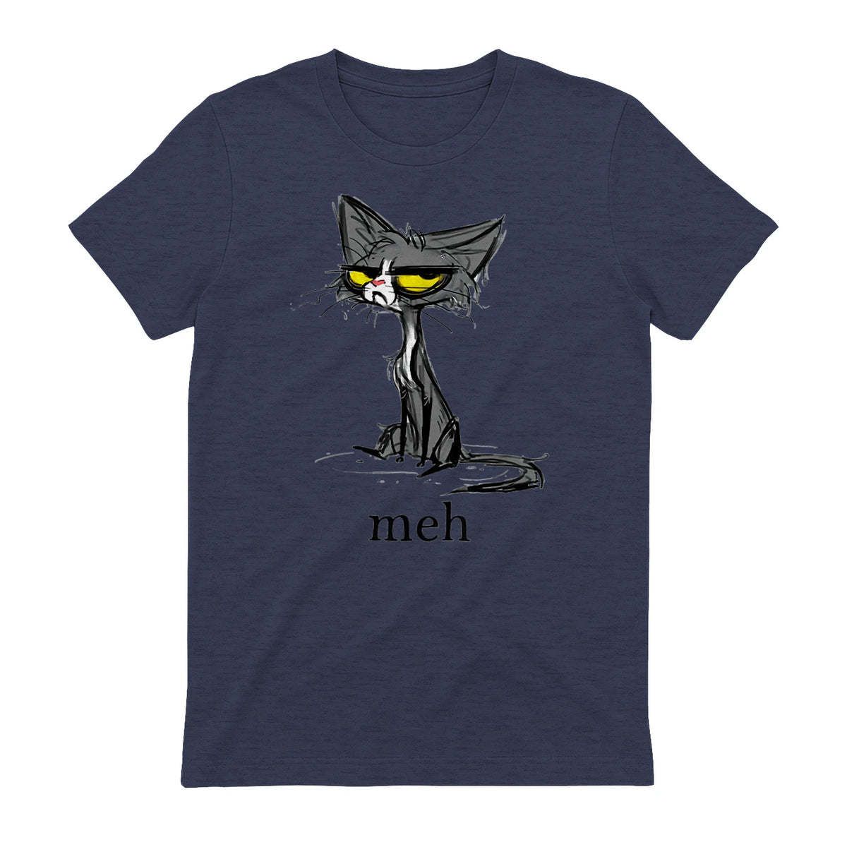 Funny Meh Cat Gift for Cat Lovers in Heather Navy - back view