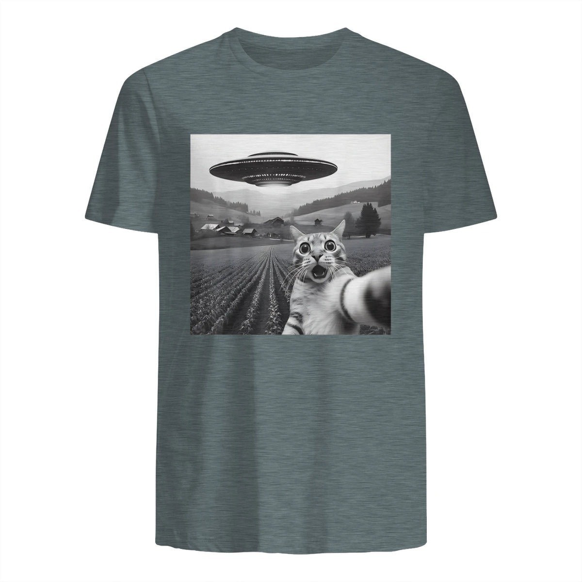 Cat Selfie With Alien UFO Funny Cat Gifts For Men Women Kid T-Shirt in Dark Heather - back view