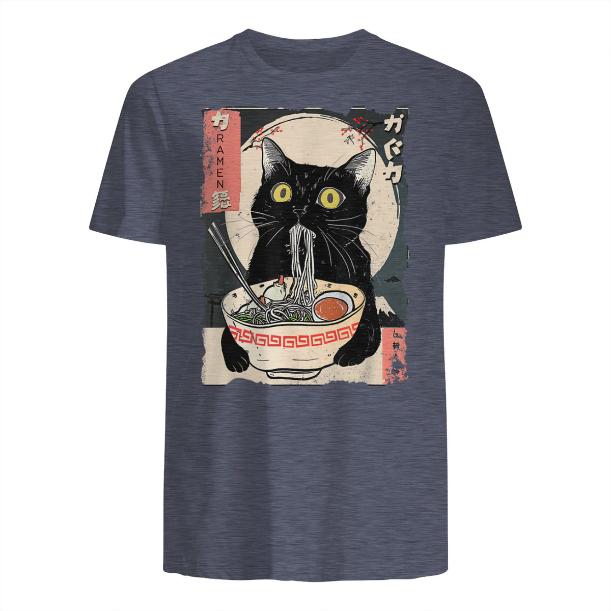 Kawaii Cat Eating Ramen Noodles Funny Anime Gift Girls Teens T-Shirt in Heather Navy - back view