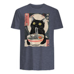 Kawaii Cat Eating Ramen Noodles Funny Anime Gift Girls Teens T-Shirt in Heather Navy - back view