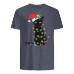 Santa Black Cat Tangled Up In Christmas Tree Lights Holiday in Heather Navy - back view