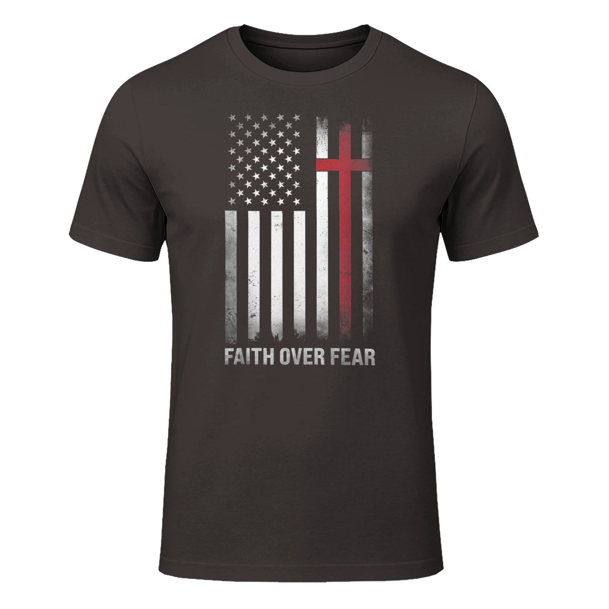 Christian US USA Flag American Christ Faith Over Fear Cross T-Shirt in Dark Chocolate - front view