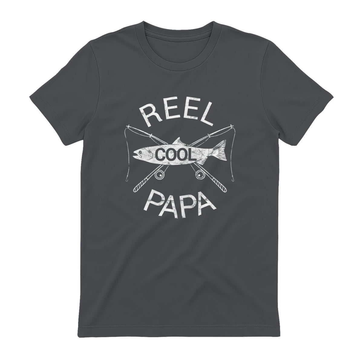 Funny Fishing Reel Cool Papa Dad Joke T-Shirt in Charcoal - back view