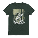 Fishing Camo Bass Fish American Flag Men's Fisherman Gift T-Shirt in Forest Green - back view