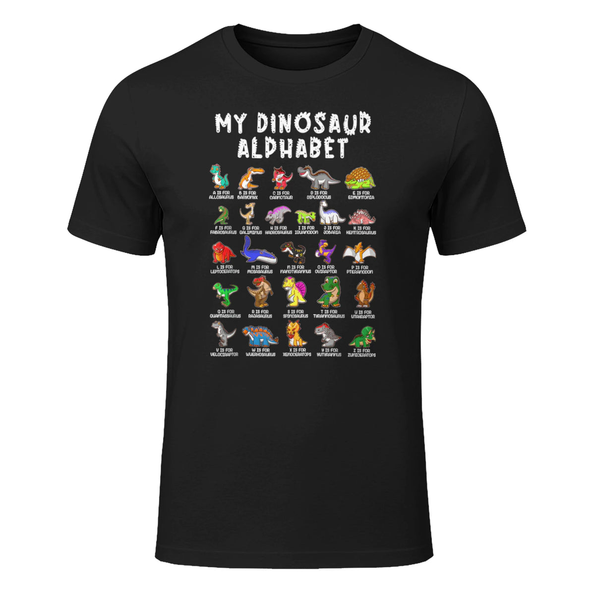 Types Of Dinosaurs Alphabet Dino Identification T-Shirt in Black - front view