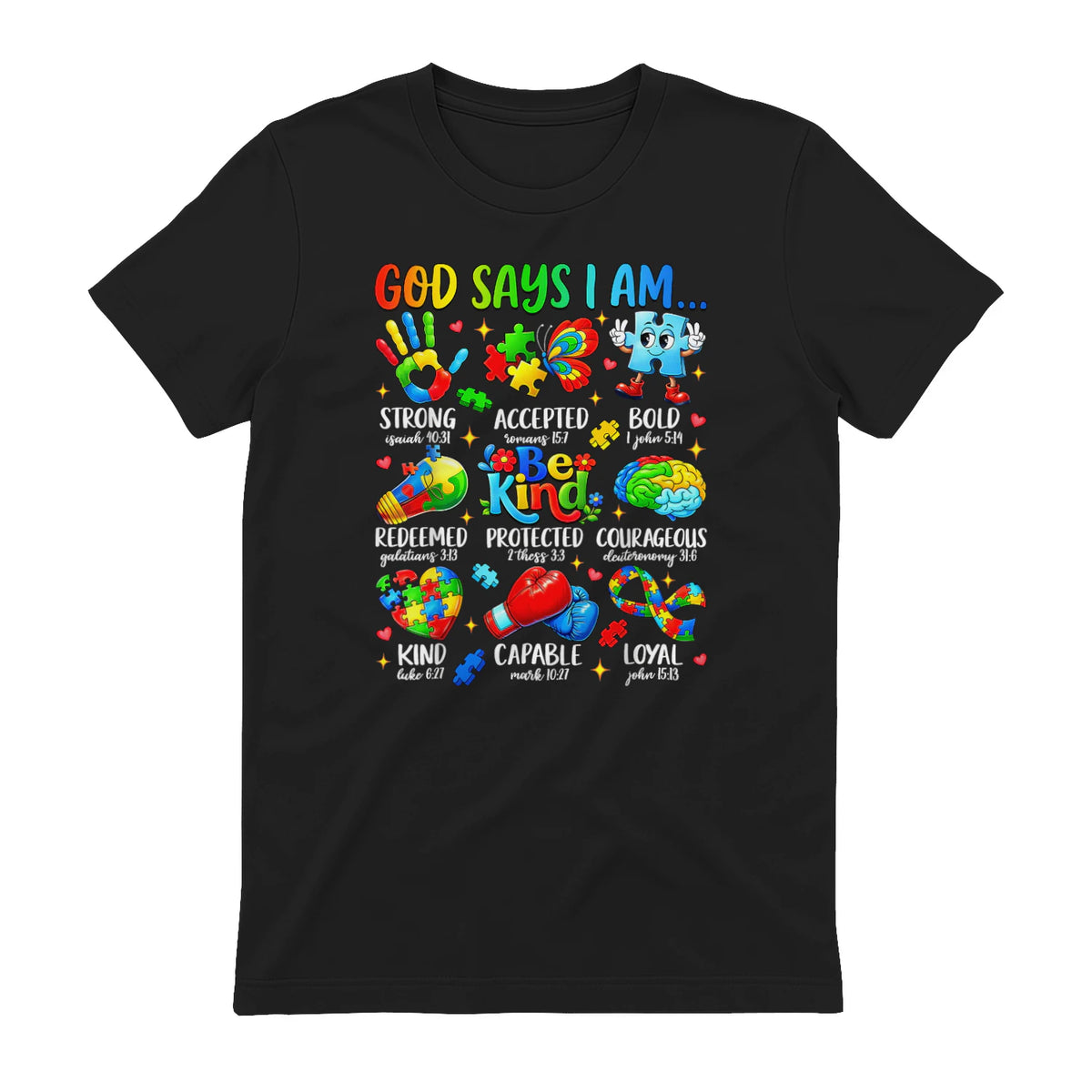 God Says I Am Kind Autism Awareness T-Shirt in Black - back view