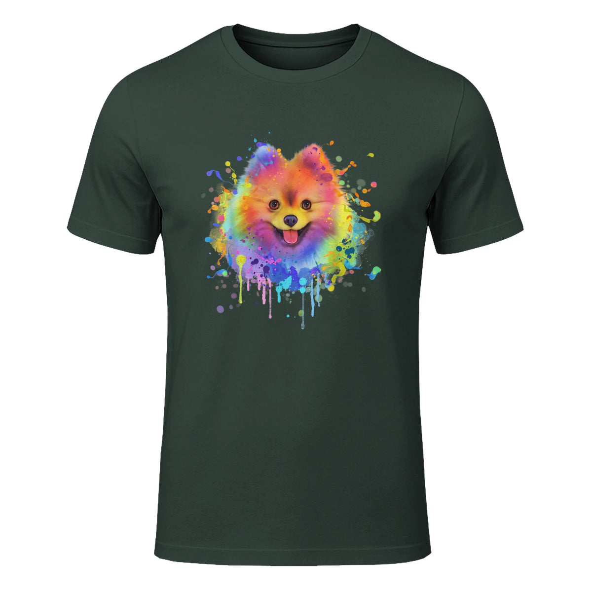 Colorful Splash Art Poméranie Portrait Pom Puppy Owner in Forest Green - front view