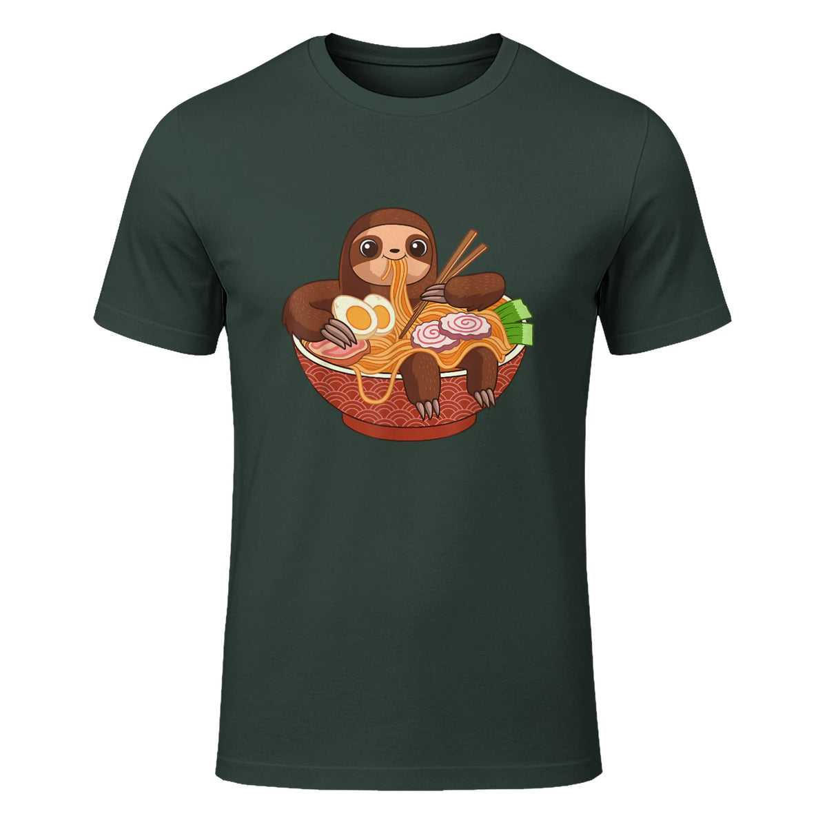 Kawaii Cute Anime Sloth Otaku Japanese Ramen Noodles in Forest Green - front view