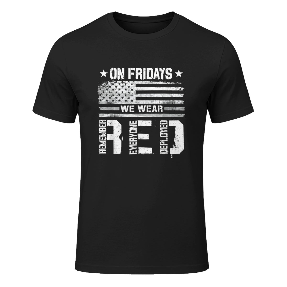 On Friday We Wear Red American Flag Military Supportive T-Shirt in Black - front view
