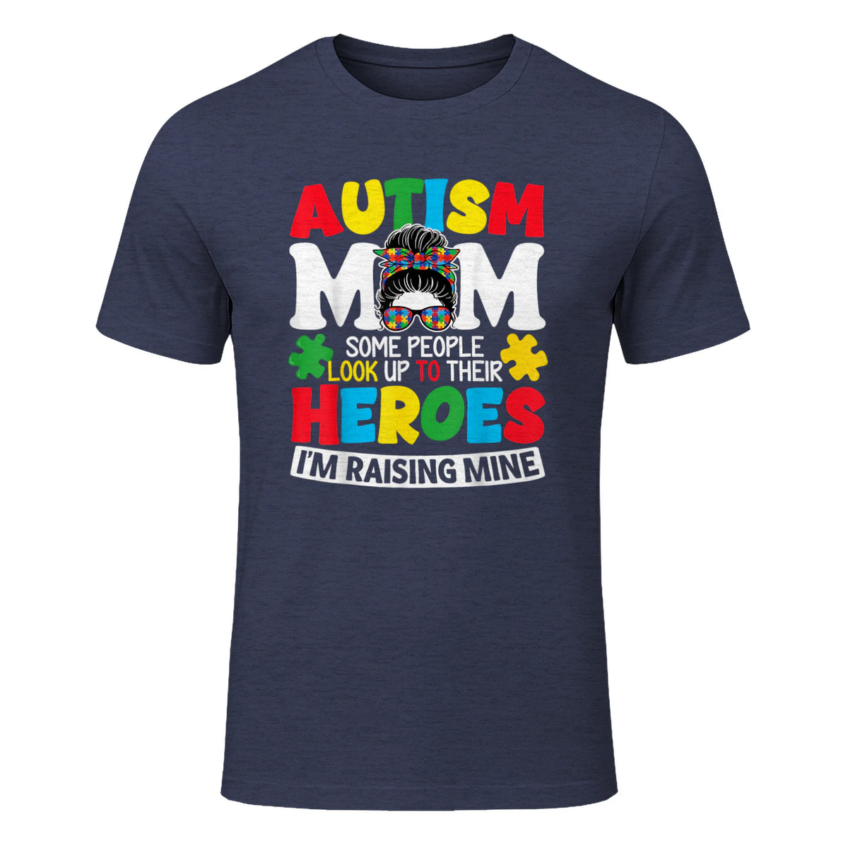 Autism Mom Raising Hero Messy Bun Autism Awareness in Heather Navy - front view
